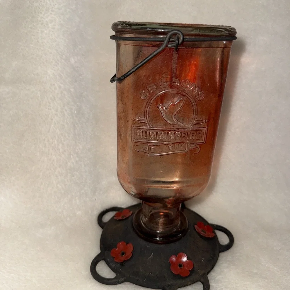 CB & Sons Hummingbird Feeder 5 Port Bottom VTG Red Glass Elixir Medicine Bottle